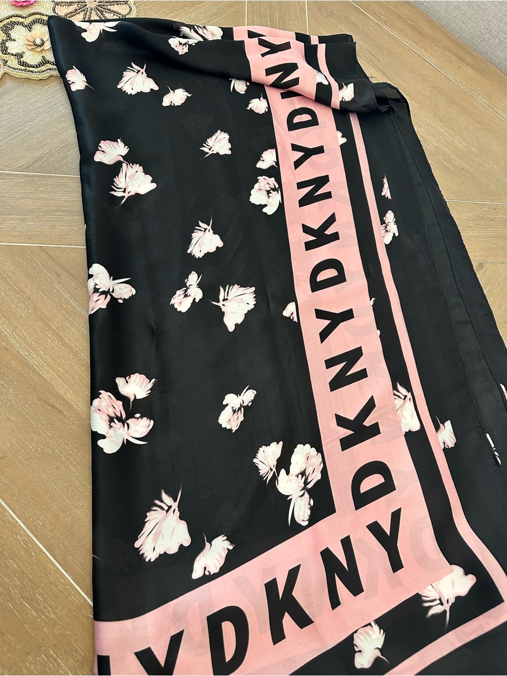 DKNY Black Maxi Scarf with Pink Floral & Branded Trim